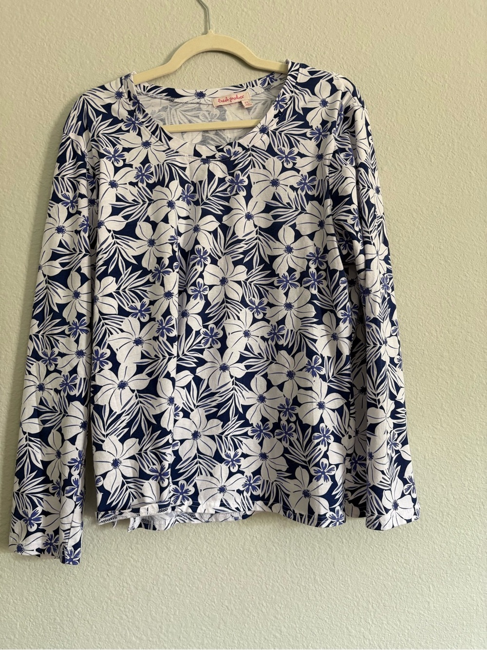 Fresh Produce Floral Long Sleeve Tunic Blue & White 2X